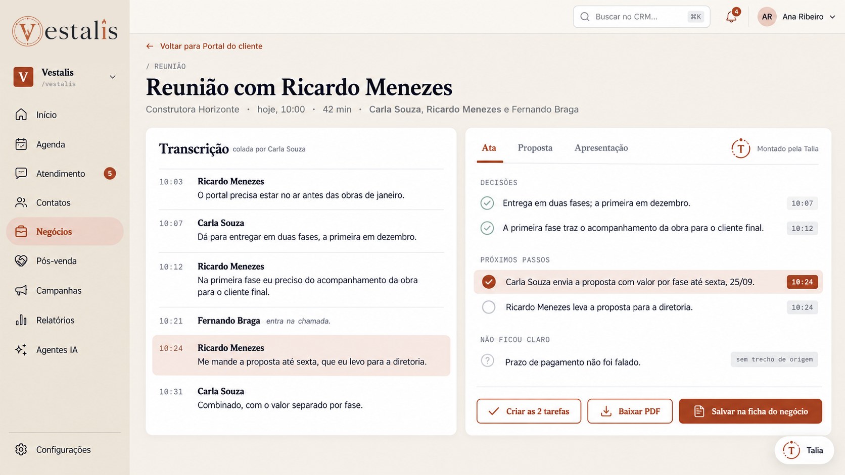 Tela do CRM: a reunião virando ata e tarefas